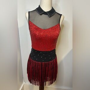 Red and Black Fringe Dress with Studded Collar